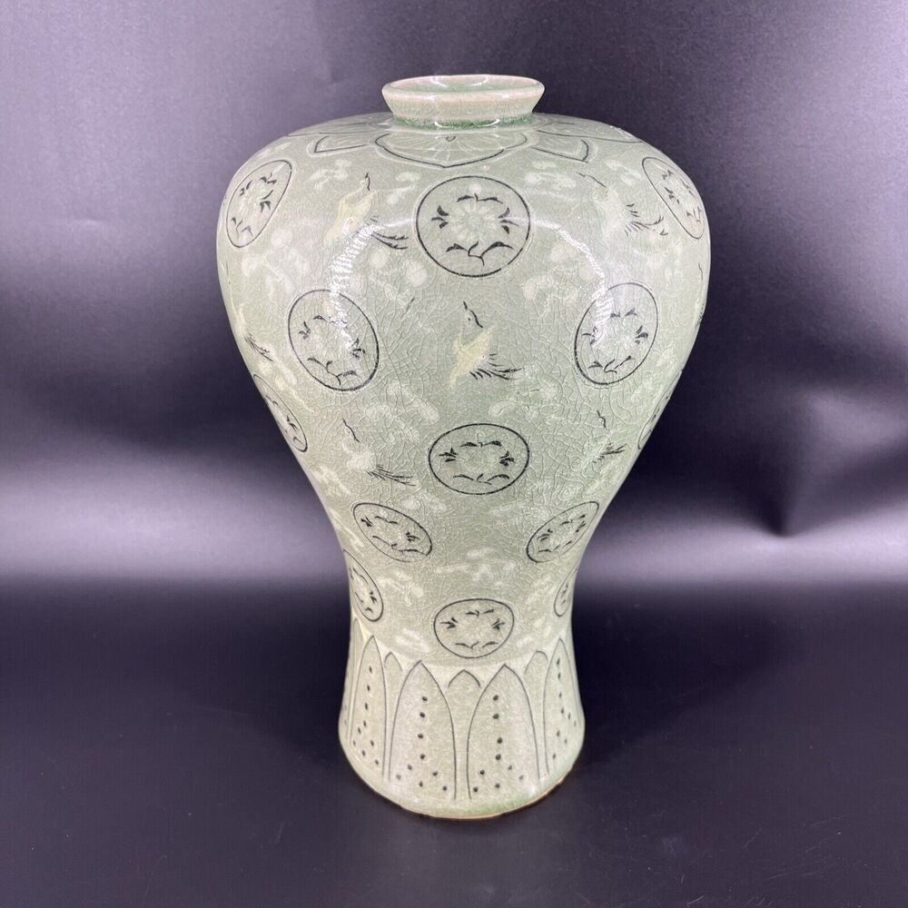 Antique Korean Celadon Meiping Vase Crane Cloud Designs Gorgeous Large 12.5”
